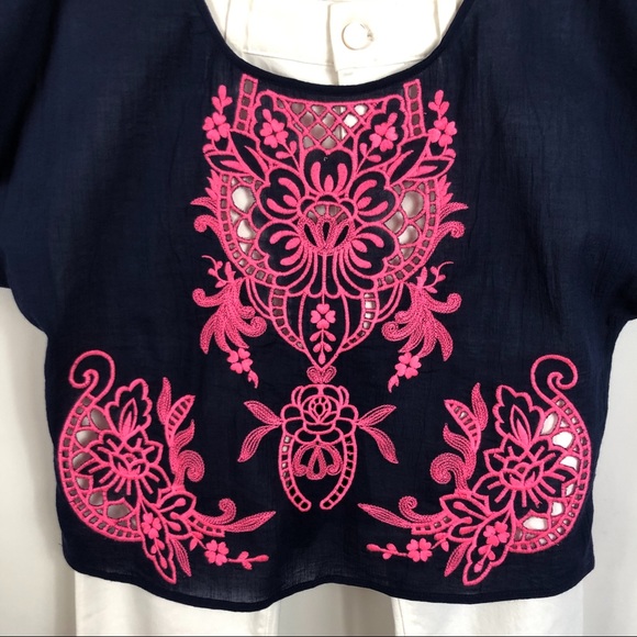 Eyelash Navy Embroidered BOHO Cropped Top Sz Med - Picture 2 of 7